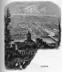 Vista da cidade de Turim (Turim), Itália. gravura de 1859 em "as galerias da Europa - Itália" de armengaud. Coleção particular.