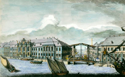 Vista do antigo Palácio de Inverno do Canal de Moika e Neva, em São Petersburgo, gravura do século XVIII. São Petersburgo, Biblioteca do Hermitage