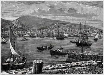 Vista da ilha de Syra, na Grécia. Gravura em "Les Missions Catholiques au XIXeme Siecle" de Louis-Eugene (Louis Eugene) Louvet. coleção particular.