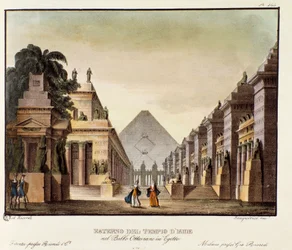 Vista do templo de Isis Cenografia para o ballet "Ottaviano in Egitto" do coreógrafo italiano Giovanni Galzerani (1780-1865) (1828). Litografia em "Raccolta di invenzioni sceniche del 1830 di Alessandro Sanquirico (1777-1849)". priva milanesa