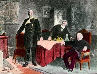Guerra de 1870: entrevista política entre o chanceler Bismarck (1815-1898), Jules Favre (1809-1880) e Adolphe Thiers (1797-1877). Gravura por volta de 1870. Coleção Particular