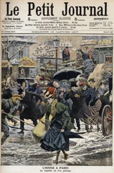 Inverno em Paris: as cavilhas estão a vaguear na neve derretida e as diligências dos transeuntes. Gravura na primeira página do Petity Journal