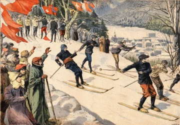 Desporto de Inverno: Competição de esqui em Chamonix, em Haute Savoie, nos Alpes, França. Bandeiras suíças e francesas incentivam os esquiadores. Gravura do jornal "Le Petite Parisien".