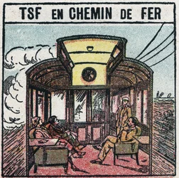Telefonia sem fio: T.S.F. em um vagão ferroviário. Ilustração anônima de 1925. Coleção privada.
