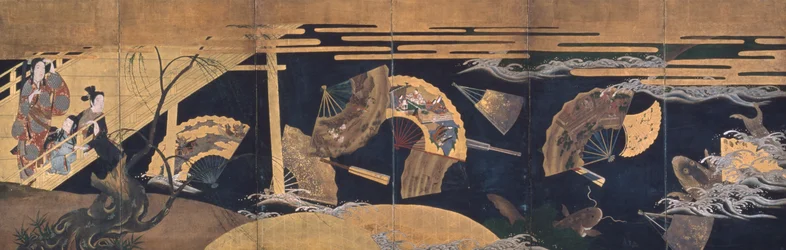 Mulher admirando ventiladores flutuantes, tela, período Edo