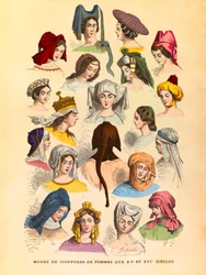 Penteados femininos nos séculos XV e XVI, gravura - colecção particular