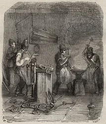 Forças operárias no Rochefort Bagne, no século XIX. Gravação em "Histoire des bagnes depuis leur création à nos jours" (1877) de Pierre Zaccone (1817-1895) (Colonia Penale - colônia penal). Coleção particular.