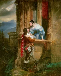 O jovem cortejo tem uma senhora na sua varanda Ilustração para "Romeu e Julieta" de William Shakespeare (1564-1616). Pintura anônima do século XIX. Lyon, musee des Beaux Arts - Jovem cortejando uma jovem senhora, cena de varanda. Ilustração para o "