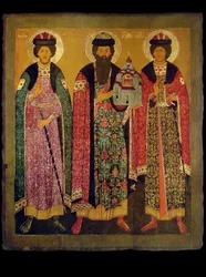 São Vsevolod Mstislavich, príncipe de Pskov com os santos Boris e Gleb, início do século XVII.