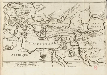 Mapa das Viagens de Tavernier na Europa, Pérsia, Turquia, século XVII.