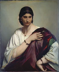 Lucrécia Bórgia; retrato de uma mulher romana com túnica branca e veste vermelha