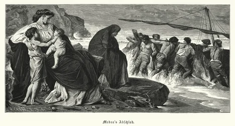 O Adeus de Medéia: cena da tragédia grega antiga de Eurípides Medéia, baseada na lenda de Medéia e Jason (gravura)