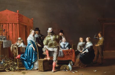 Um interior com nove figuras à volta de uma mesa (óleo sobre painel)