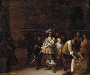 Um interior da sala da guarda com um cavaleiro conversando com um baterista