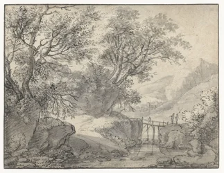 Paisagem de montanha com árvores e uma ponte sobre um riacho