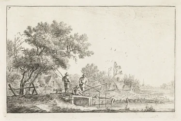 Três pescadores numa ponte
Paisagens com edifícios (título da série)