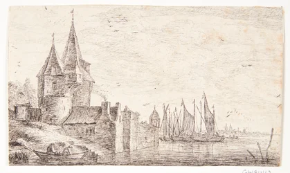 Casa com duas torres pontiagudas junto a um ancoradouro