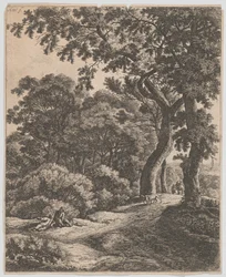 Dois viajantes descansando na floresta, século XVII.