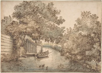 Canal com um barco e patos