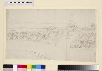 Casa de Durham ao Castelo de Barnard, de &39;The Panorama of London&39;, c.1544 (caneta e tinta e giz no papel)