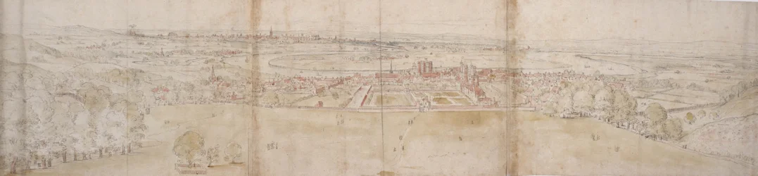 Greenwich Palace e Londres de Greenwich Hill (caneta e tinta marrom e aquarela sobre indicações em giz preto)
