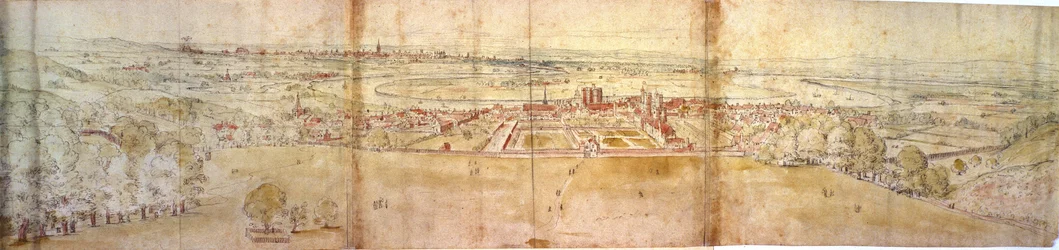 Greenwich Palace e Londres de Greenwich Hill, c.1544 (caneta, tinta, giz e wc no papel)