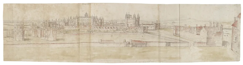Hampton Court Palace do Norte (caneta e tinta marrom e aquarela sobre indicações fracas em giz preto)