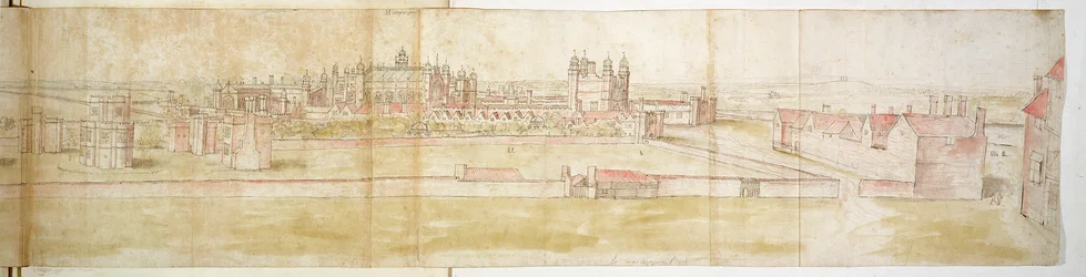 Hampton Court Palace do Norte, c.1544 (caneta, tinta e wc no papel)