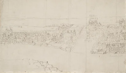 Panorama de Londres visto de Southwark: Durham House para Barnards Castle (caneta e tinta sobre giz preto sobre papel)