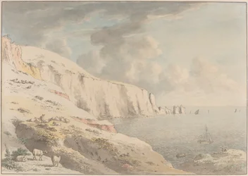 Vista das agulhas e falésias brancas tiradas de Alum Bay, Ilha de Wight