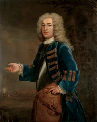Retrato de Henry Boyle, capitão de cavalos, em uma paisagem, com uma batalha além, 1730