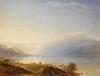 Gado à beira de um lago com montanhas além (aguarela)