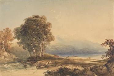 Paisagem montanhosa com lago e riacho