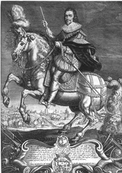 Retrato equestre de George Villiers (1592-1628) 1º Duque de Buckingham, gravado por Willem de Passe (1598-1637) 1625 (gravura)