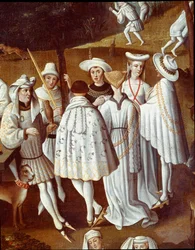Jardim do amor na corte de Filipe III o Bom, Duque de Borgonha, nos jardins do castelo de Hesdin em 1432 Fetes dado por ocasião do casamento do seu camareiro André de Toulongeon. Detalhe. Pintura de Anton Van Dyck (1599-1641)