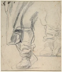 Pernas de um homem com botas, e capa descendente (giz preto e vermelho sobre papel)