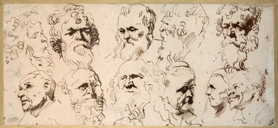 Onze estudos de cabeça (caneta e tinta marrom sobre papel)