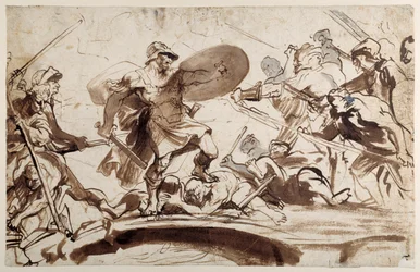 Horatius Cocles defendendo a Ponte do Tibre (caneta e tinta com lavagem em papel)