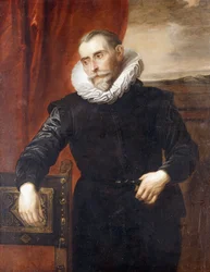 Retrato de Frans Snyders, de meio corpo, com traje preto, apoiado numa cadeira, com uma paisagem ao fundo