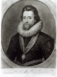Retrato de Jaime I (1566-1625) depois de uma miniatura de Nicholas Hilliard (1547-1619) de 1617, gravada por George Vertue (1684-1756)
