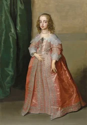 Retrato da princesa Maria (1631-1660), filha do rei Carlos I de Inglaterra, de corpo inteiro, com um vestido cor-de-rosa decorado com bordados e fitas prateadas