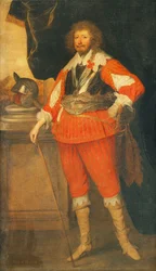 Retrato de um nobre, dito Henry Henry, 1º conde da Holanda, de corpo inteiro, vestindo um peitoral, faixa e espada, a mão apoiada em uma bengala, um capacete no rodapé, diante de uma colunata drapeada,