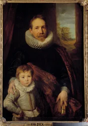 Retrato de um pai e de seu filho ou "Retrato de Guillaume Richardot com seu filho" O pai usa uma coleira de morango. Pintura de Anton (Antoon ou Anthony) van Dyck (1599-1641) Sol do século XVII. 1,15x0,83 m - Retrato de um pai e seu filho ou "Guill