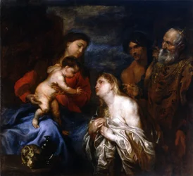 Espanhol:  La Virgen y el Niño con los pecadores arrepentidos A Virgem e o Menino com os três pecadores arrependidos, Maria Madalena, o rei David e o Filho Pródigo