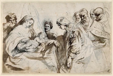 O Místico Casamento de Santa Catarina (caneta e tinta com lavagem a giz sobre papel)