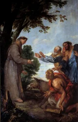 O milagre da mula (ou Milagre de Santo Antônio de Pádua (san antonio di padova) em Toulouse) A mula do Guillard judeu se curva diante do anfitrião mostrado por Santo Antônio de Pádua, dedicando seu cocho. O seu mestre converte-se à vista deste açude.