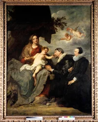 A virgem tem a criança para os doadores O casal de doadores velados na moda do século 16 com morango. Pintura de Anton Van Dyck (1599-1641) Sol do século XVII. 2,5x1,91 m