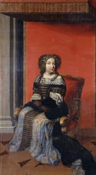 Retrato da rainha Maria Teresa, sentada de corpo inteiro, com corpete preto incrustado de joias, gola de renda e saia azul e dourada, num trono