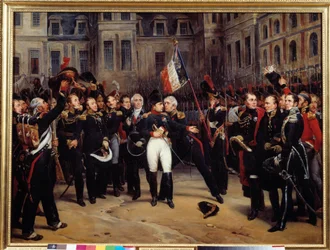 Abdicação de 1814 - "A despedida de Napoleão Bonaparte (1769-1821) à guarda imperiosa no pátio do Cheval Blanc em Fontainebleau em 20/04/1814" Pintura de Antoine Montfort (1802-1884) Sol do século XIX. 0,98x1,3 m
