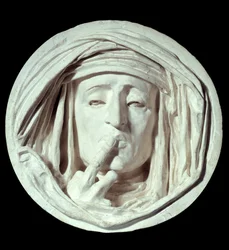 Silêncio. Um gesto simbólico de um homem que põe um dedo na boca. Escultura em gesso de Auguste Préault (1809-1879), século XIX, Museu do Louvre, Paris
